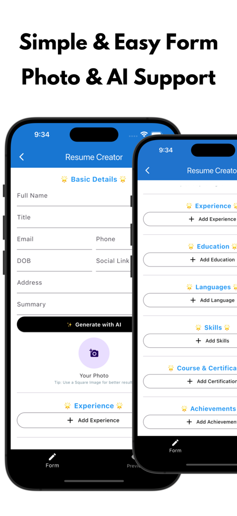 AI Resume Maker PDF CV Builder - Screenshot of the AI Resume Maker app interface showing a simple form for entering personal details and a generate with AI button