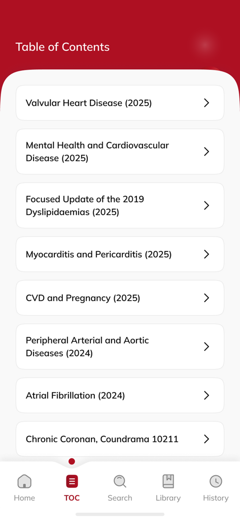 ESC Pocket Guidelines - A list of cardiology guidelines in the ESC Pocket Guidelines app including heart disease and atrial fibrillation.