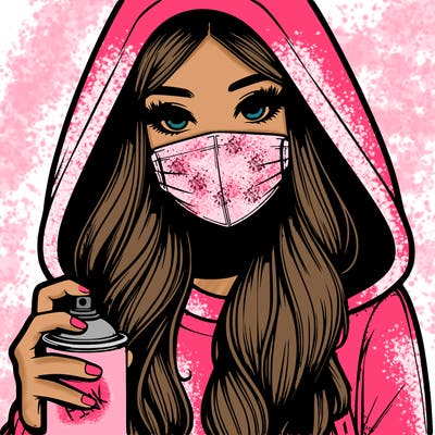 girl wearing a mask with long hair with her hood up spray-painting realistic