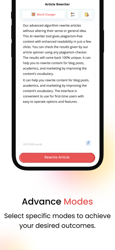 Article Rewriter - Interfaccia dell'app Riscrivi Articoli che mostra modalità avanzate per la creazione di contenuti unici