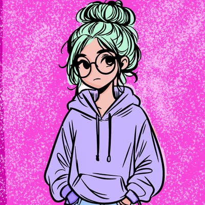 teen girl with a messy bun and glasses wearing a loose hoodie and jeans