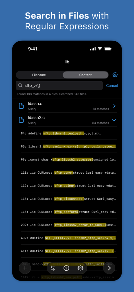 Textastic Code Editor - A screenshot of Textastic app showing code search results using regular expressions on an iPhone