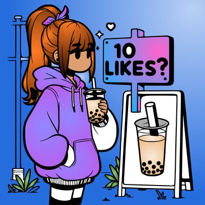 girl with oversized hoodie drinking boba and she has a high ponytail with a sign that says 10likes?