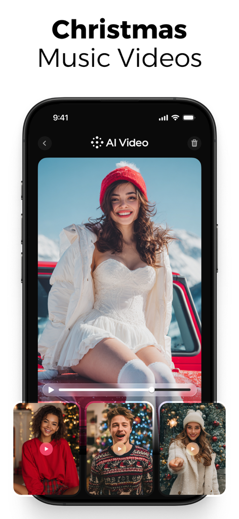 Interface of the AI Video app showing various Christmas music video creation templates with festive characters and backgrounds