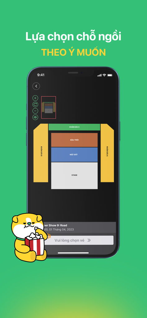 Mobile app interface showing an interactive seating chart for an event venue