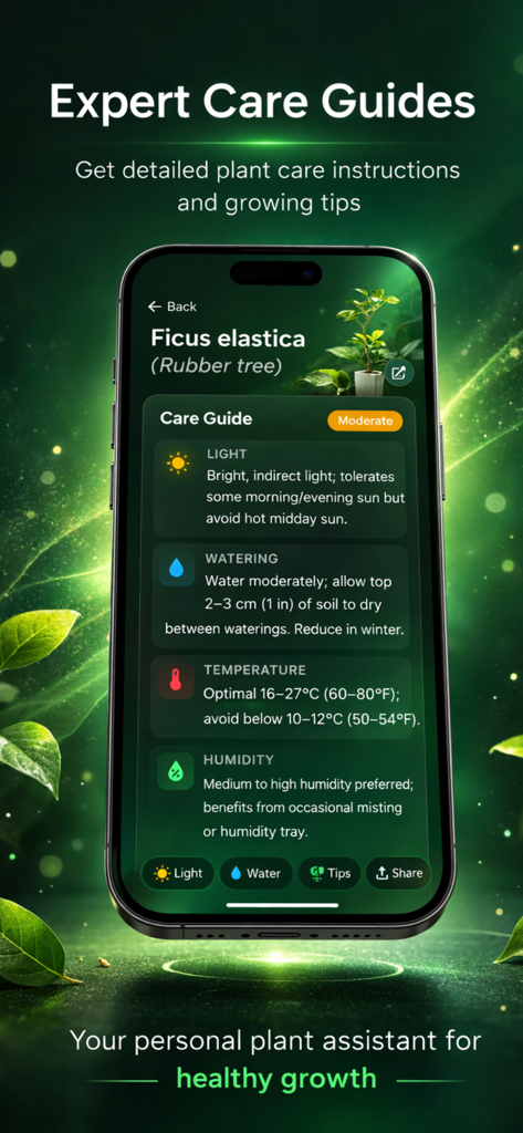 BotaniCam: AI Plant Identifier - Pantalla de la aplicación móvil que muestra instrucciones de cuidado experto para un árbol de caucho Ficus elastica con consejos de iluminación y riego.