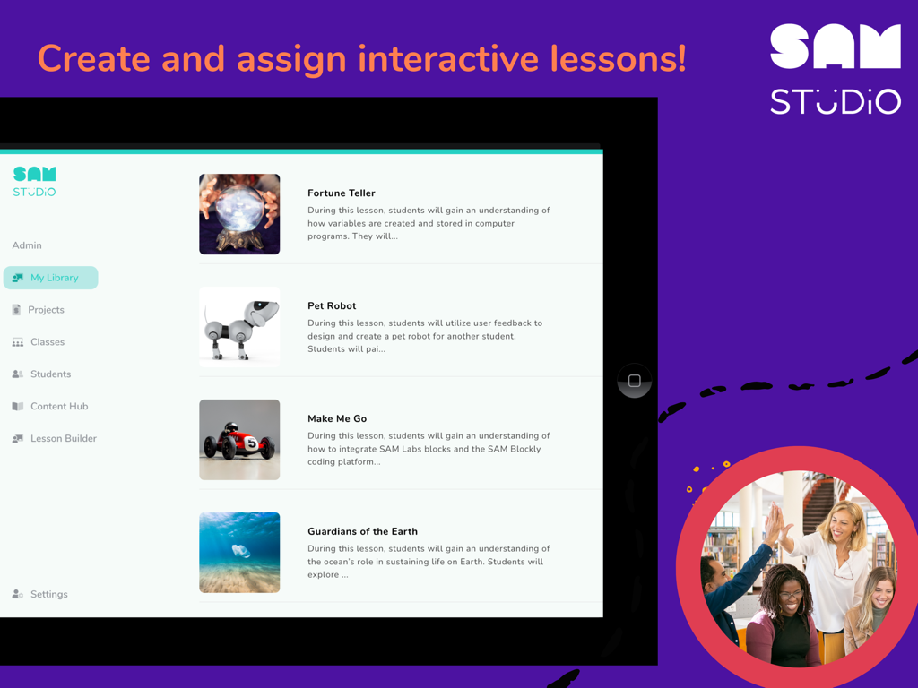 SAM Studio app dashboard displaying a library of interactive STEAM lessons and educator collaboration