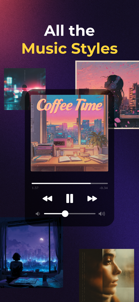 A mobile interface for Sing AI showing different music styles with album art and a music player playing a song called Coffee Time.