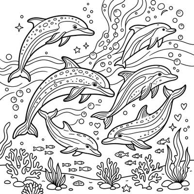 Explore the fascinating underwater world with this delightful coloring page featuring a lively pod of dolphins. Designed specifically for kids, it offers balanced line weights and moderate detail for an enjoyable and engaging artistic experience.