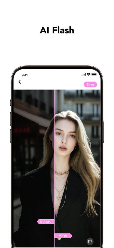 GlowCam: AI Photo Editor - Before and after comparison of a portrait brightened using GlowCam AI Flash feature