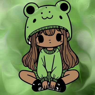 a girl wearing a frog hat and some frog socks
