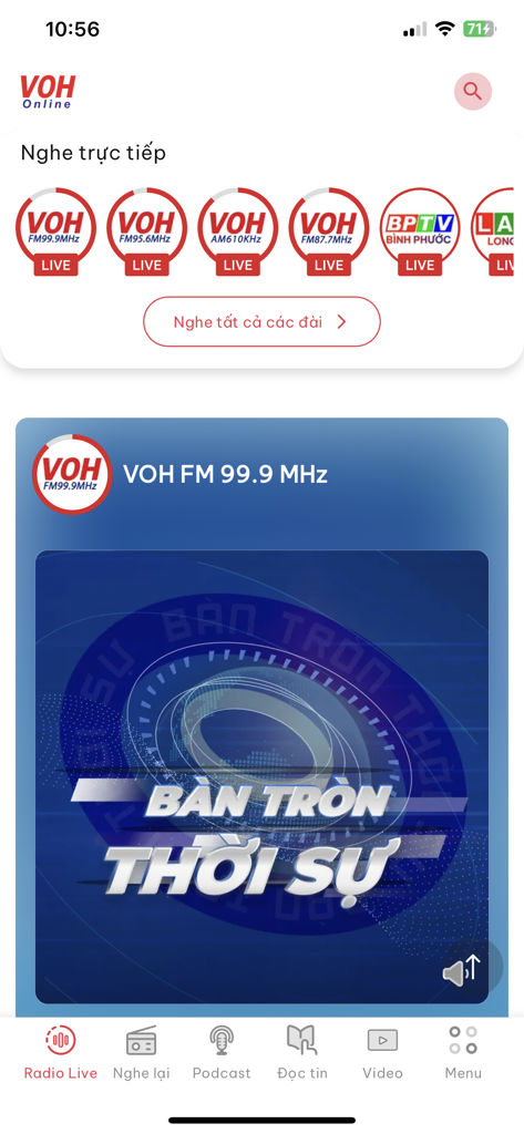 VOH Radio Online - Mobile interface of VOH Radio Online app featuring live Vietnamese radio stations and news