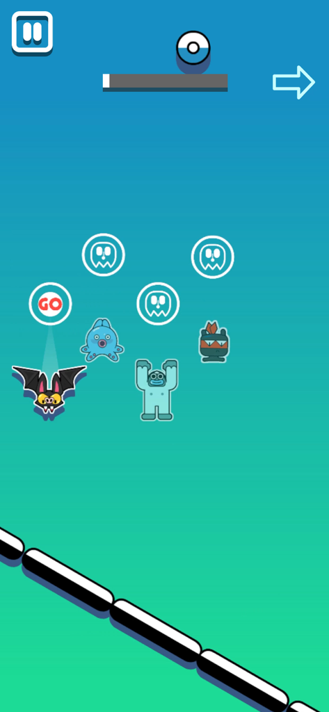 Schermata di gioco di Stickman Hook che mostra varie skin di personaggi tra cui un pipistrello e uno yeti su uno sfondo verde acqua