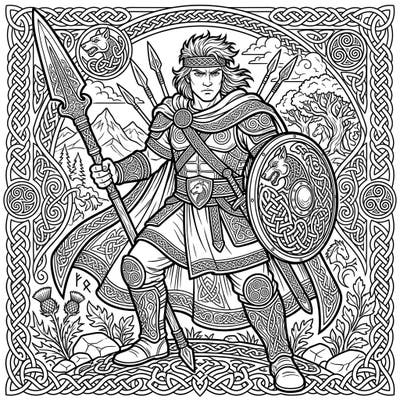 Embark on an epic coloring adventure with Cú Chulainn, the famed hero of Irish mythology. This detailed illustration invites you to bring the fierce Celtic warrior and his intricate world to life with your favorite colors.