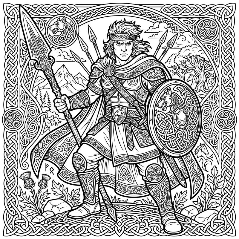 Embark on an epic coloring adventure with Cú Chulainn, the famed hero of Irish mythology. This detailed illustration invites you to bring the fierce Celtic warrior and his intricate world to life with your favorite colors.