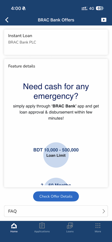 BBL Shubidha - BBL Shubidha app screen displaying an instant loan offer from BRAC Bank with BDT loan limits
