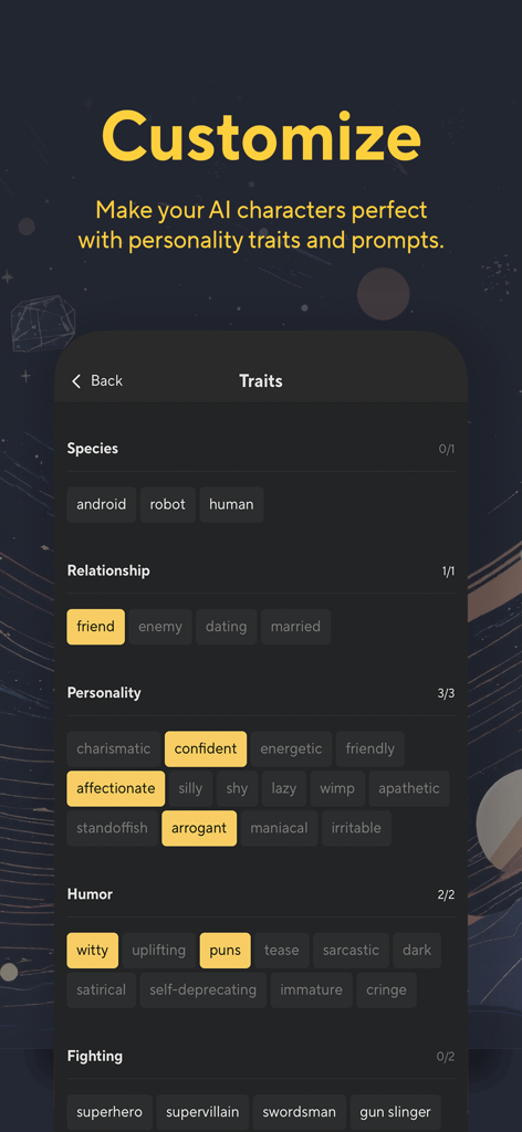 Kajiwoto app interface showing customization options for AI character personality traits and relationships.
