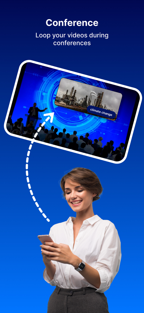 Loopideo - Loop Videos - A woman holding a smartphone and displaying a looped video on a large conference screen using Loopideo