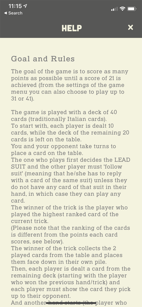 Schermata di aiuto dell'app del gioco di carte Tressette che mostra istruzioni e regole per il gioco.