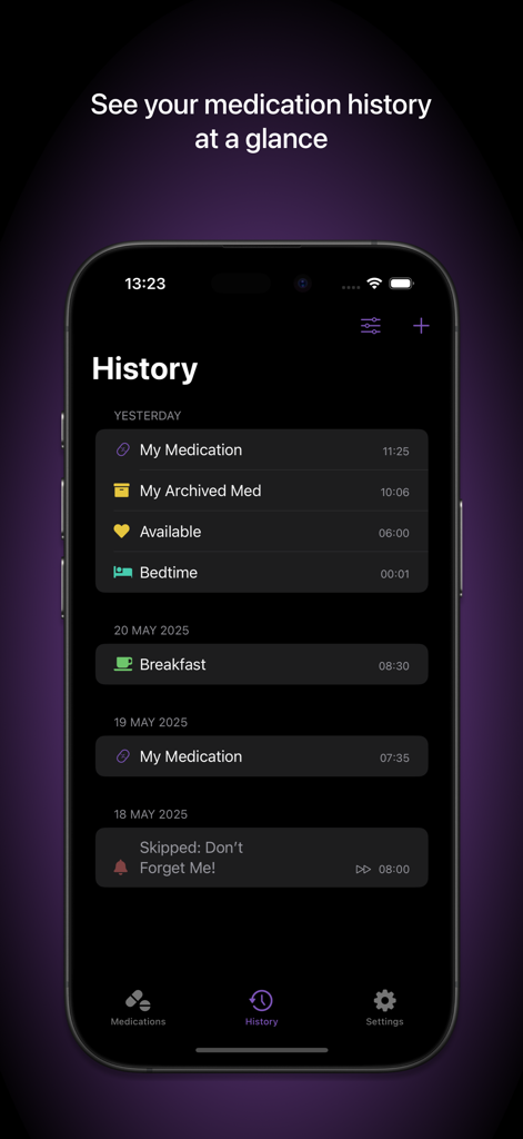 Capsule — Medication Tracker - Smartphone screen displaying the medication history log of the Capsule app with daily entries.