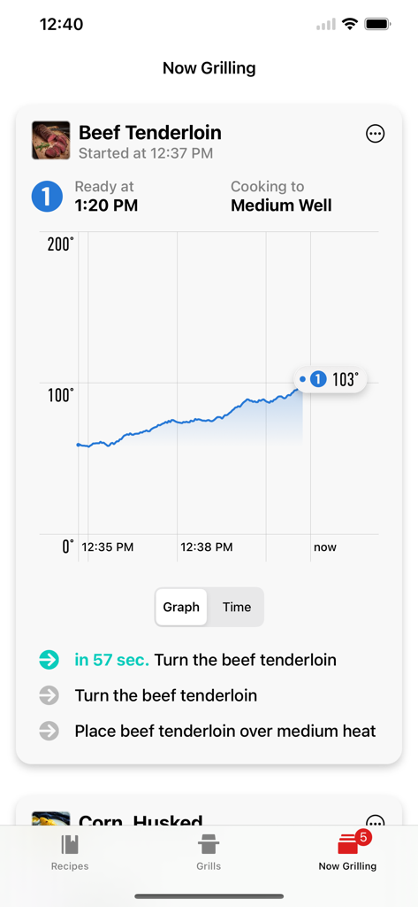 Weber Connect app showing a live temperature graph and cooking instructions for beef tenderloin