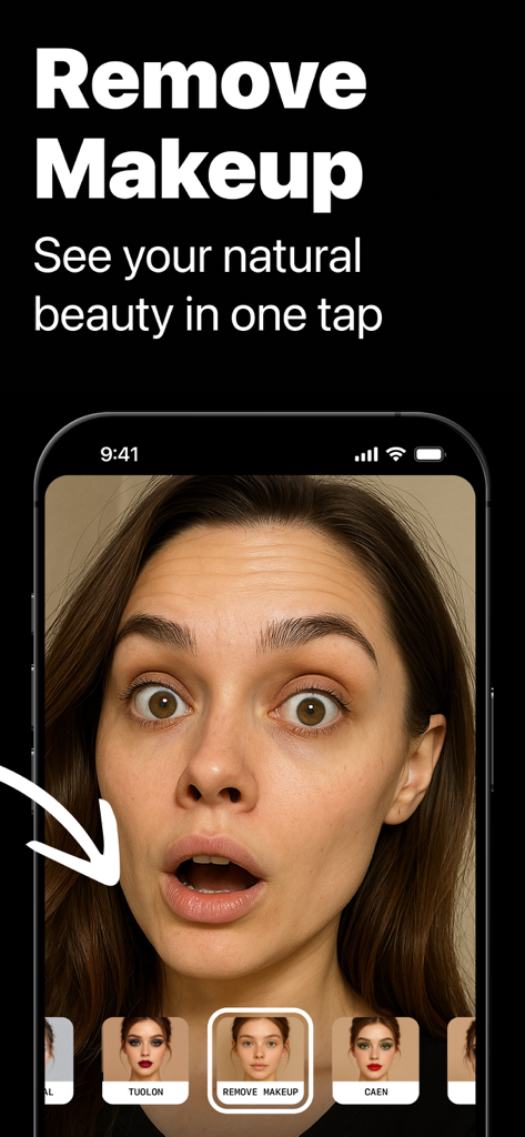 Makeup Removal AI - Makeup Removal AI app interface showing a woman natural face after makeup removal