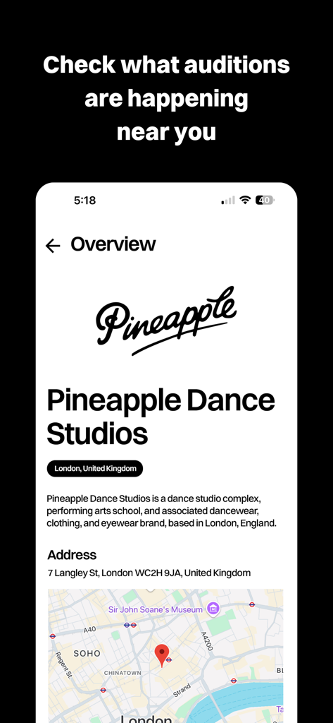 Industry Auditions - Interfaccia dell'app Industry Auditions che mostra i dettagli dello studio e una mappa per Pineapple Dance Studios