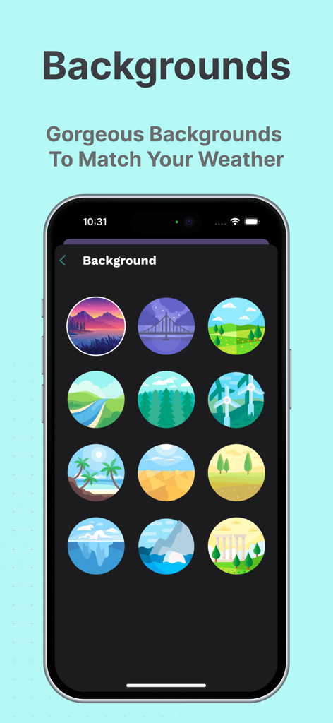 Peek Weather - Rain Forecast - 날씨 예보를 위한 다양한 예술적인 원형 배경 아이콘을 표시하는 스마트폰 화면