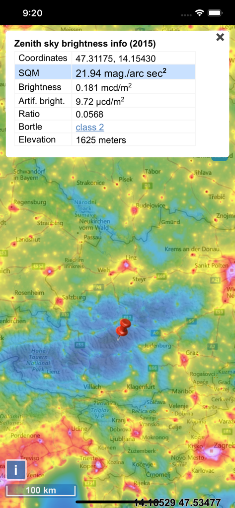 Interface of light pollution map showing sky brightness and Bortle class data