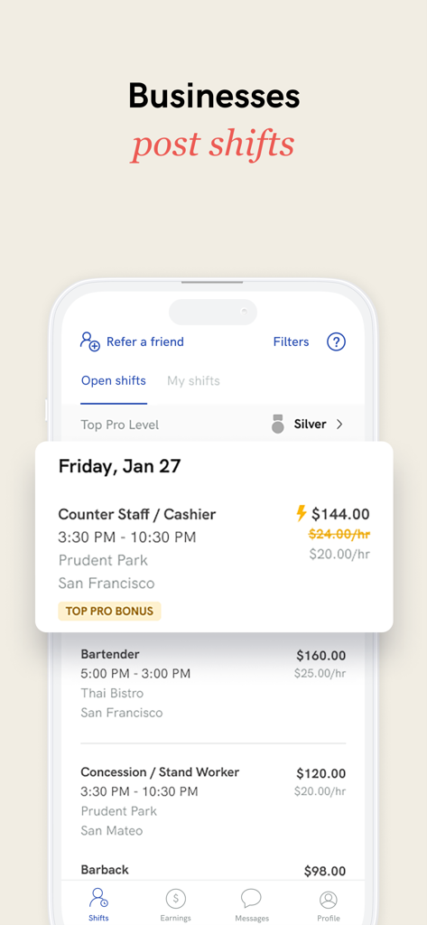 Instawork mobile interface displaying available hourly shifts for cashier and bartender roles with pay information