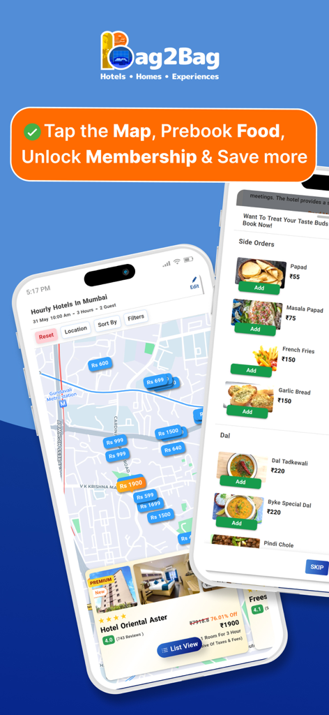 Bag2Bag 앱 인터페이스, 뭄바이의 시간제 호텔 지도와 달, 간식과 같은 음식 사전 예약 메뉴 표시