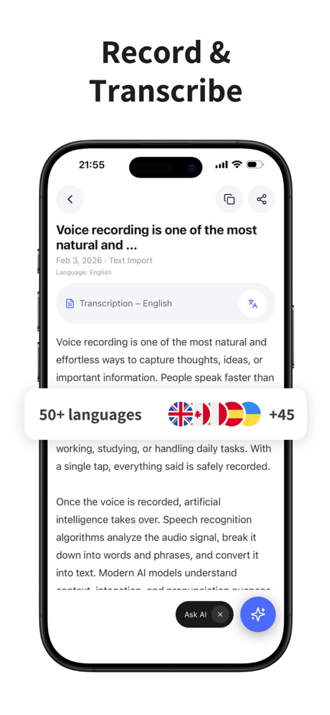 Speako AI mobile app interface showing a voice recording being transcribed into text with support for over 50 different languages.