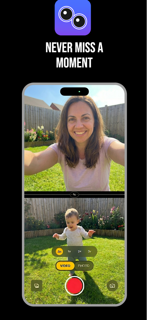 DualCapture - Dual Camera - Interfaz de la aplicación móvil DualCapture mostrando grabación simultánea de cámara frontal y trasera en modo de pantalla dividida