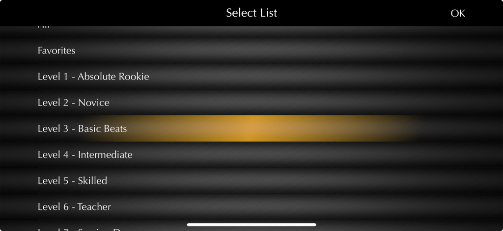 Menu screen showing structured drum course levels from rookie to teacher