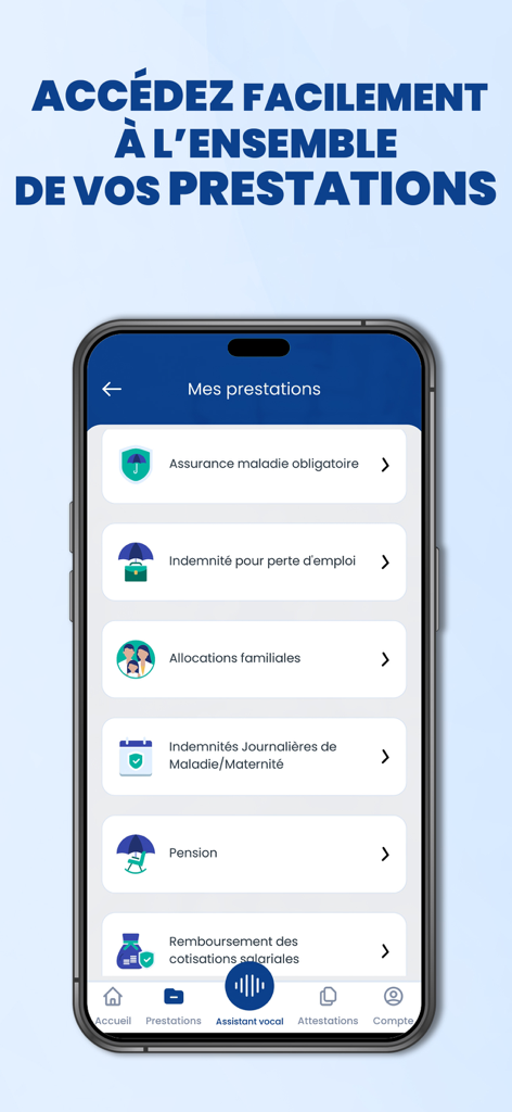 A screenshot of the Ma CNSS mobile app showing a list of social security services including health insurance family allowances and pension calculations in French