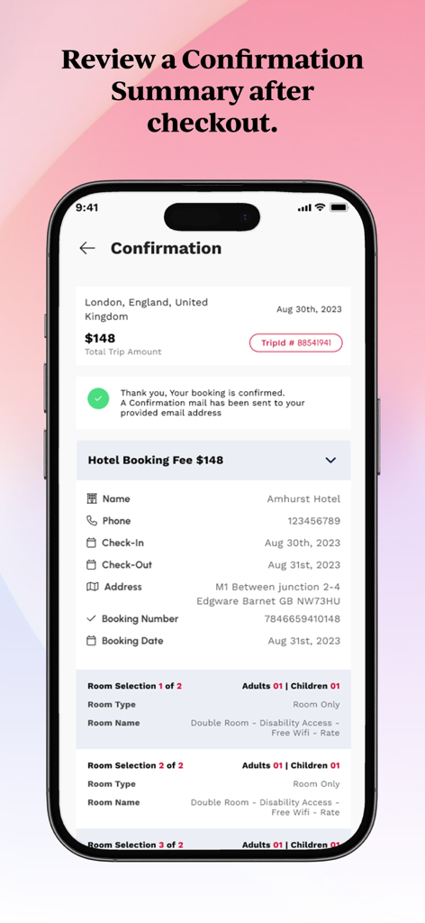 Bildschirm der IntelePro Mobile App mit einer Buchungsbestätigungsübersicht für Hotels mit Reisedetails für einen Reiseberater.