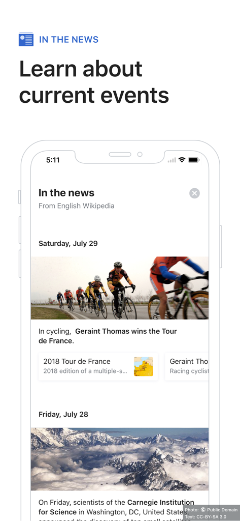 Wikipedia app screen showing the In the News section with top global news stories