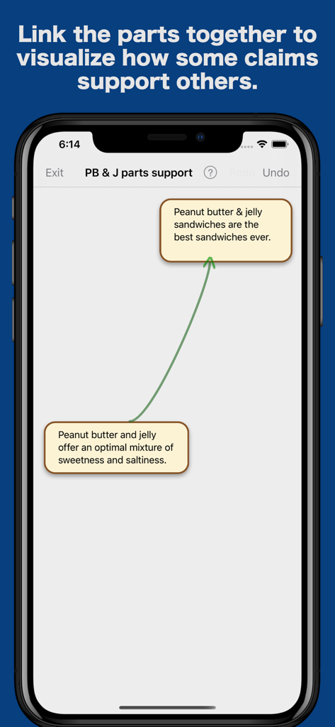 ArguMap Pro - Map Arguments - ArguMap Pro app interface showing a green arrow linking a supporting premise to a conclusion about PB and J sandwiches.