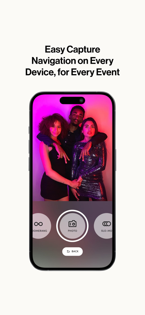 Fiesta photo booth app interface on a mobile device showing easy navigation and capture modes like photo and boomerang.