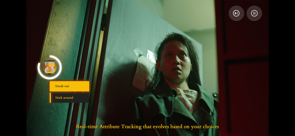 Ein Gameplay-Screenshot von Mia and the Dragon Princess, der eine Figur an einem Entscheidungspunkt mit Optionen zum Herausschleichen oder Bleiben zeigt.