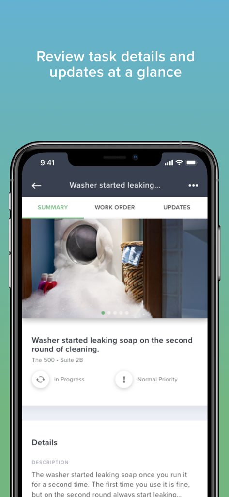Buildium app screen showing details for a maintenance task including a photo and work order status