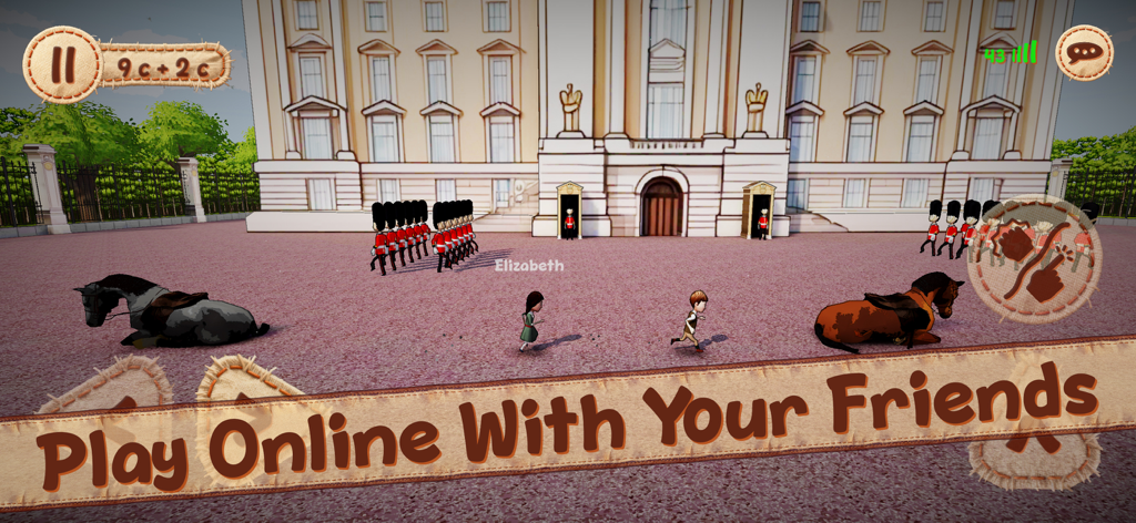 Pepelo 2: Around the World - Personagens explorando um nível em Londres em Pepelo 2 com texto do modo cooperativo online.