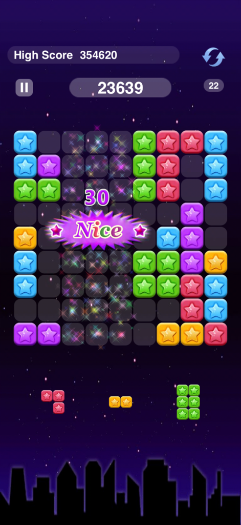 Pop Star - Block Star - Gameplay screen of Pop Star Block Star puzzle game featuring colorful star blocks and a combo animation.