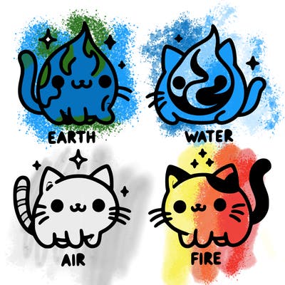 4 cats that represent the different elements, earth, water, air, and fire