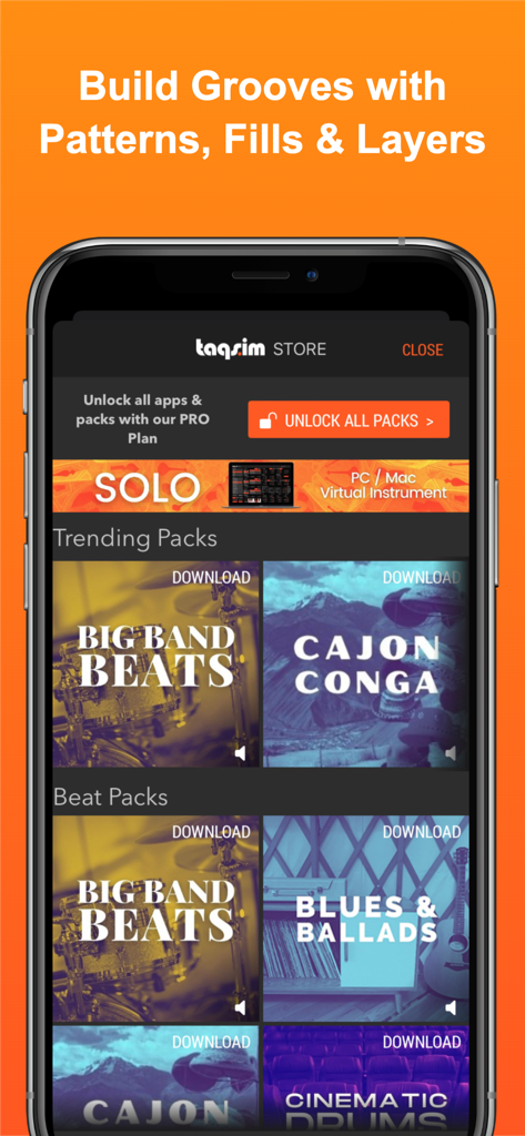 Drum Pad Pro Loop & Beat Maker - Drum Pad Pro App Store, der verschiedene Drum-Loop-Packs wie Big Band Beats und Cajon Conga anzeigt