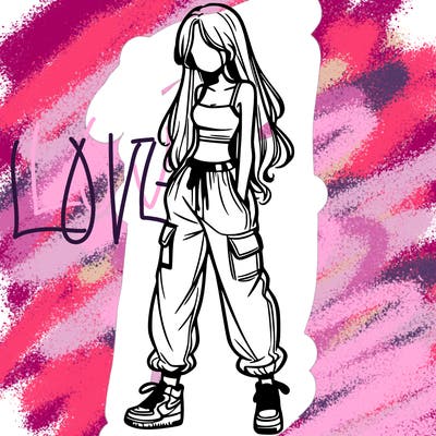 girl in baggy pants crop top and long hair