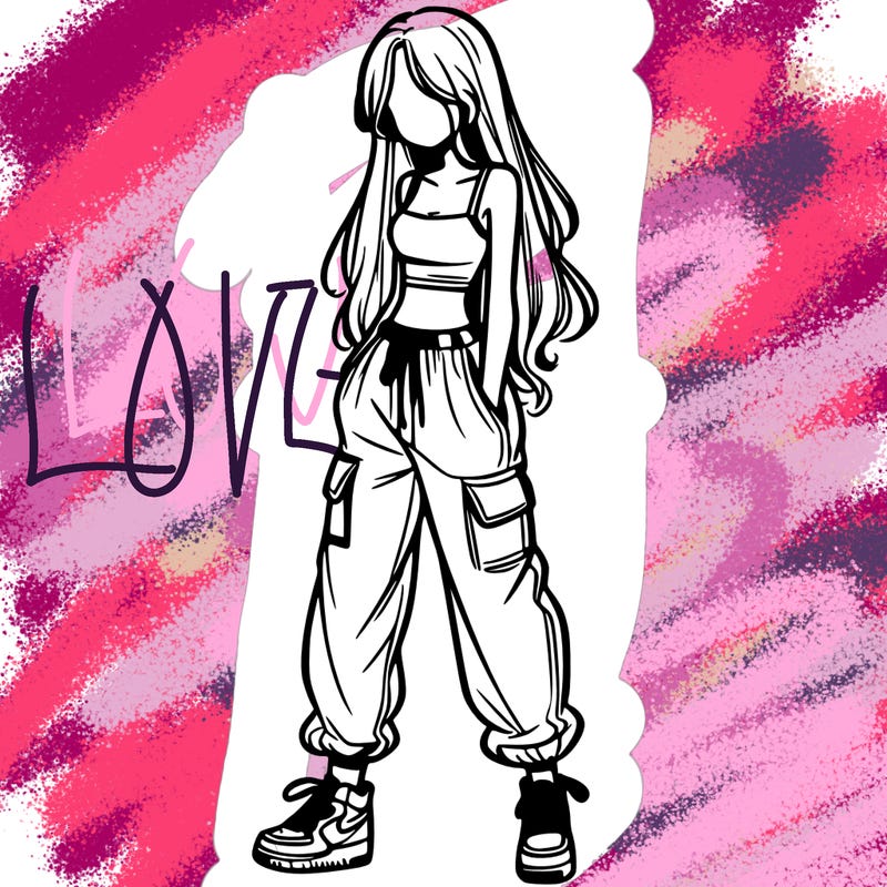 girl in baggy pants crop top and long hair