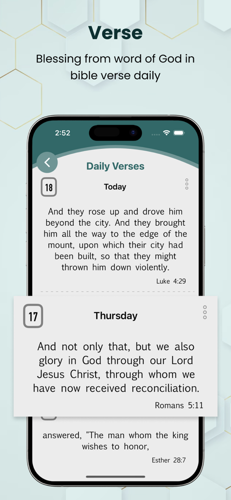 Catholic Jerusalem Bible+Audio - Interfaz de la aplicación Biblia Católica de Jerusalén que muestra versículos bíblicos diarios en una pantalla móvil