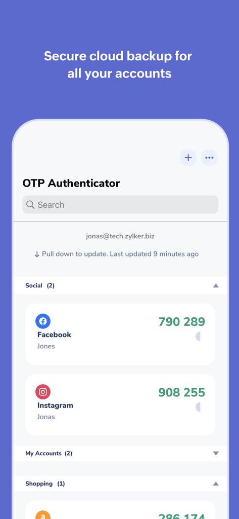 Authenticator App - OneAuth - OneAuth app interface showing OTP codes for Facebook and Instagram accounts organized into folders