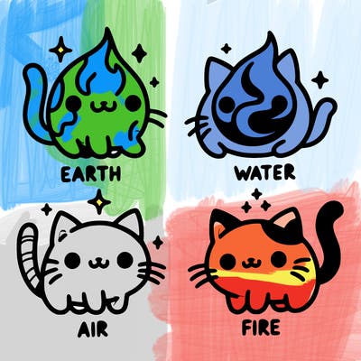 4 cats that represent the different elements, earth, water, air, and fire